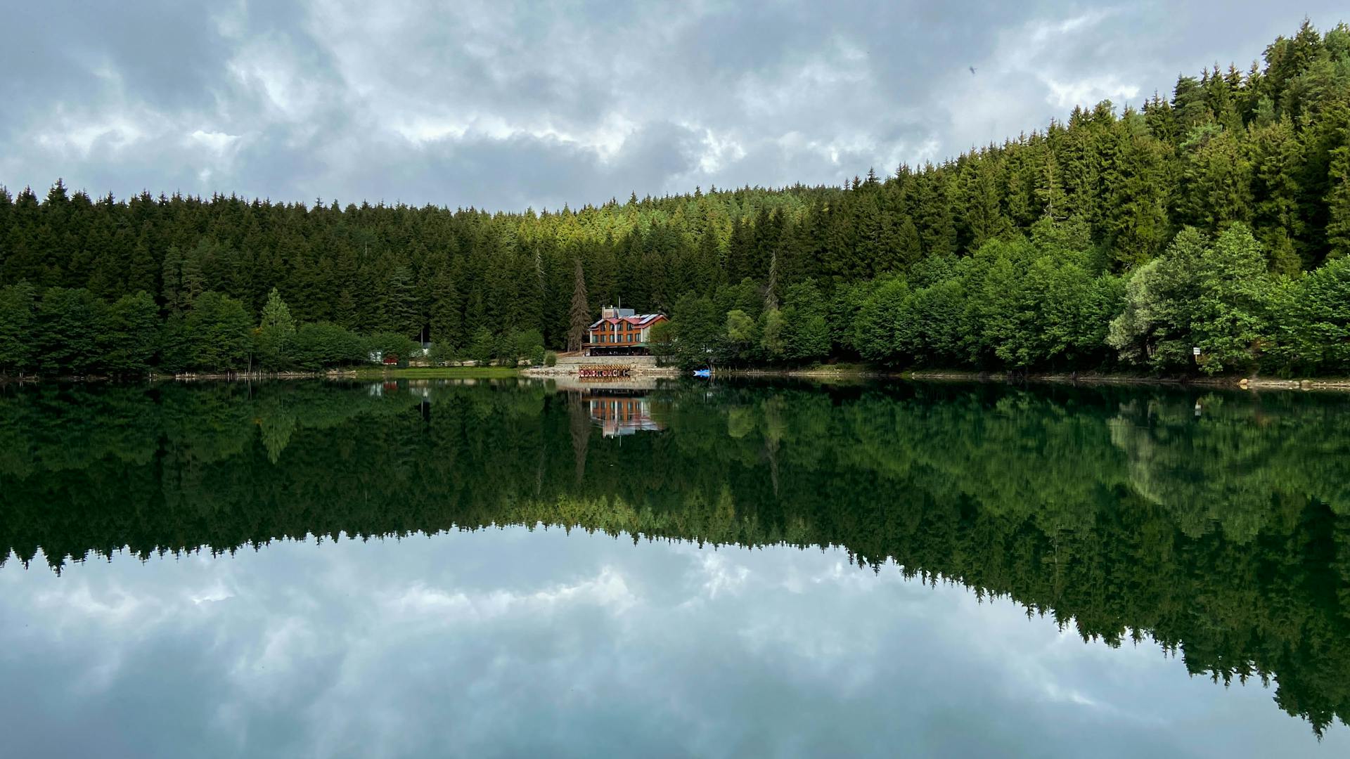 Red Swedish cabin on a still lake surrounded by pine forest